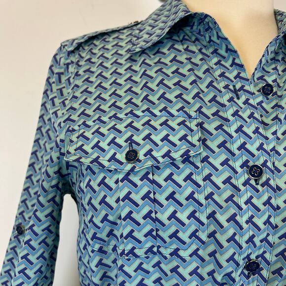 Tory Burch Blue Geometric Print Belted Button Down Silk Dress Women’s Size 2 - Picture 6 of 9